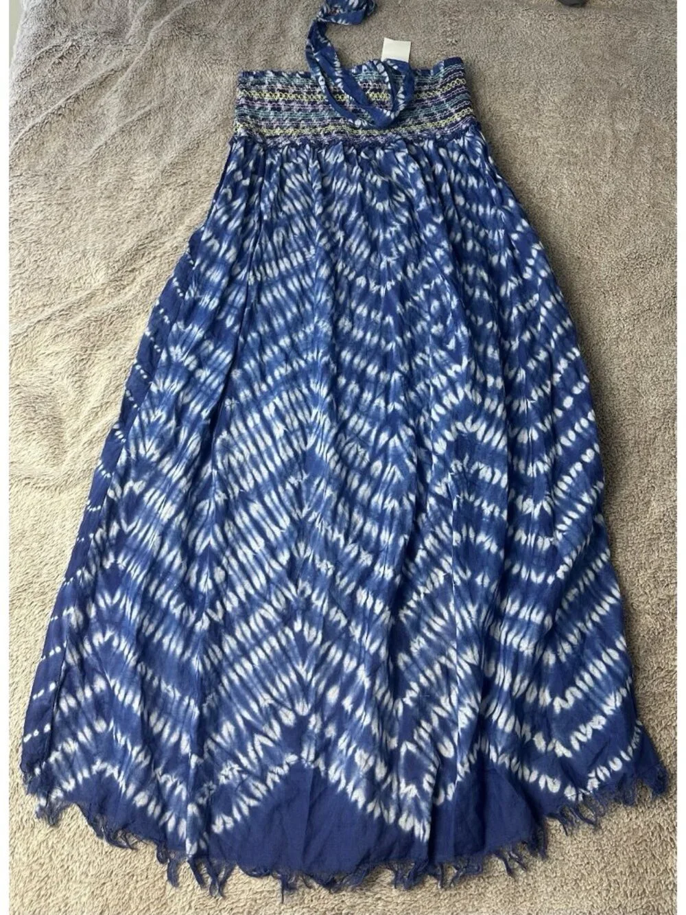 Blue Island Tie Dye Halter Dress Cover Up L Large Cotton Smocked High Low Boho